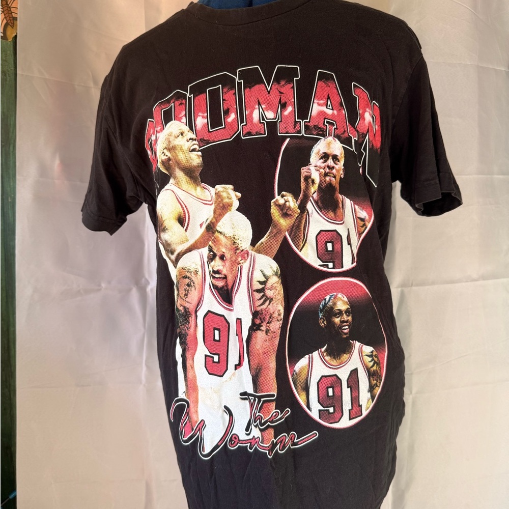 Rodman Black Graphic T-Shirt with Red Accents 90s NBA